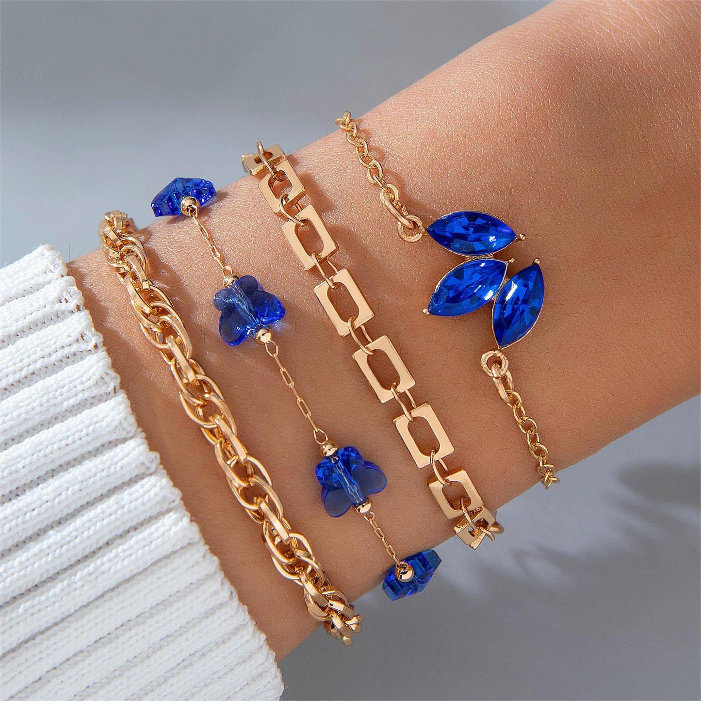 4pcs Blue Flower Love Butterfly Bracelet Set With Rhinestones