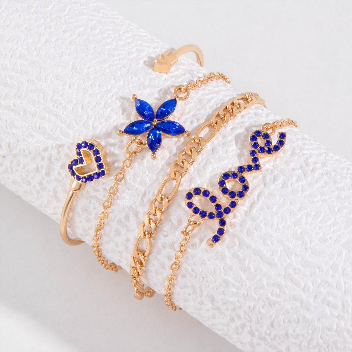 4pcs Blue Flower Love Butterfly Bracelet Set With Rhinestones