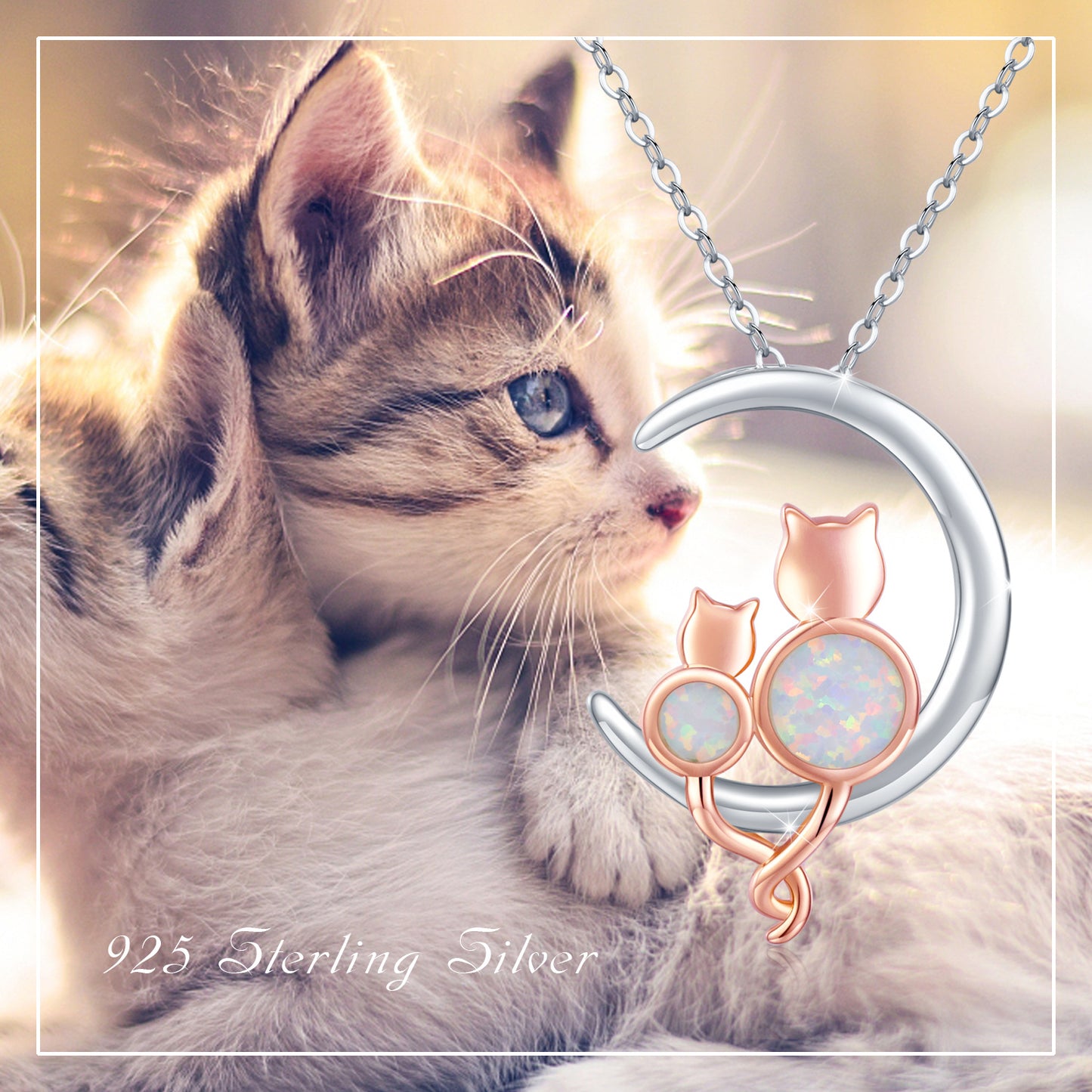 Sterling Silver Crescent Moon Opal Cat Pendant Necklace