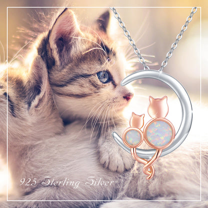 Sterling Silver Crescent Moon Opal Cat Pendant Necklace