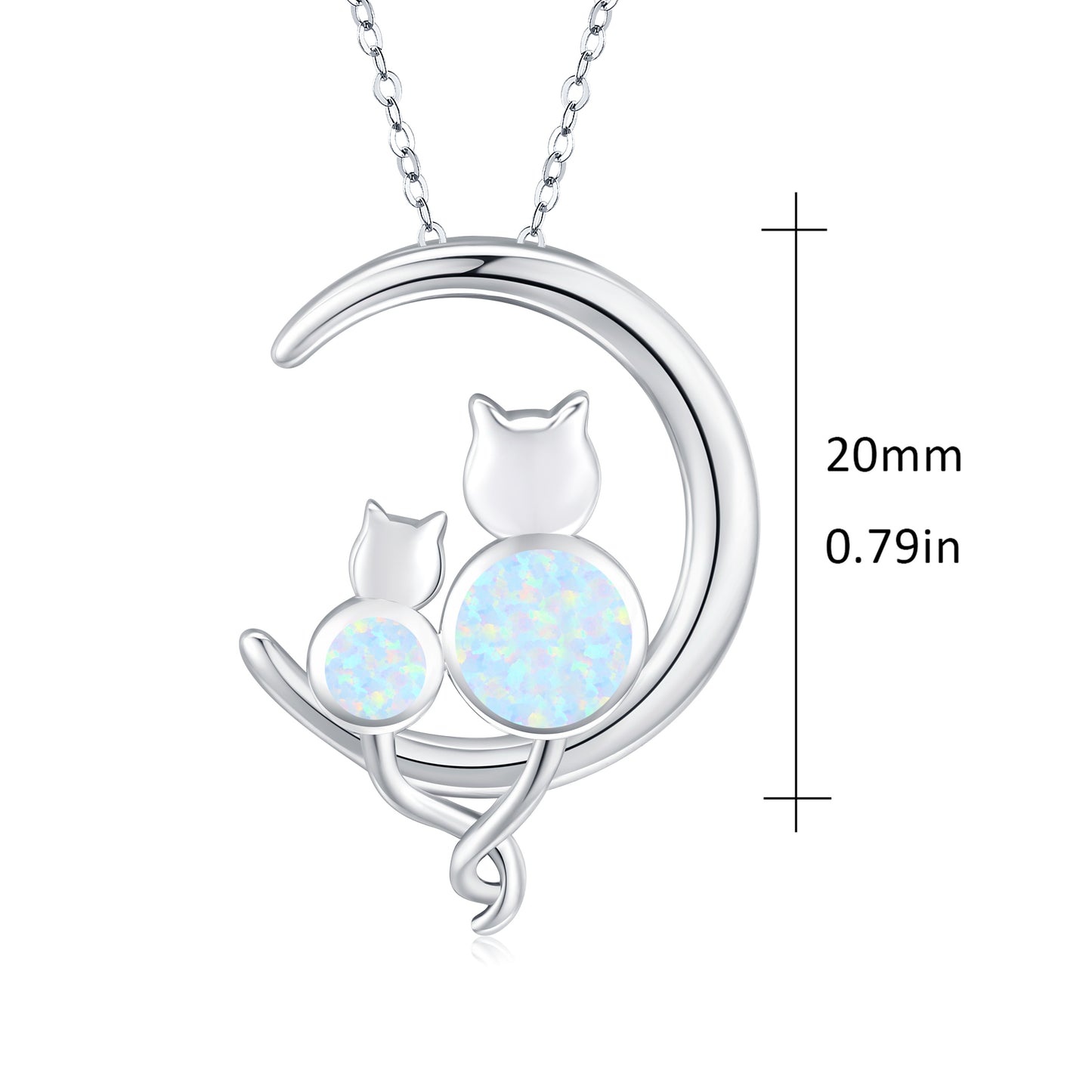 Sterling Silver Crescent Moon Opal Cat Pendant Necklace