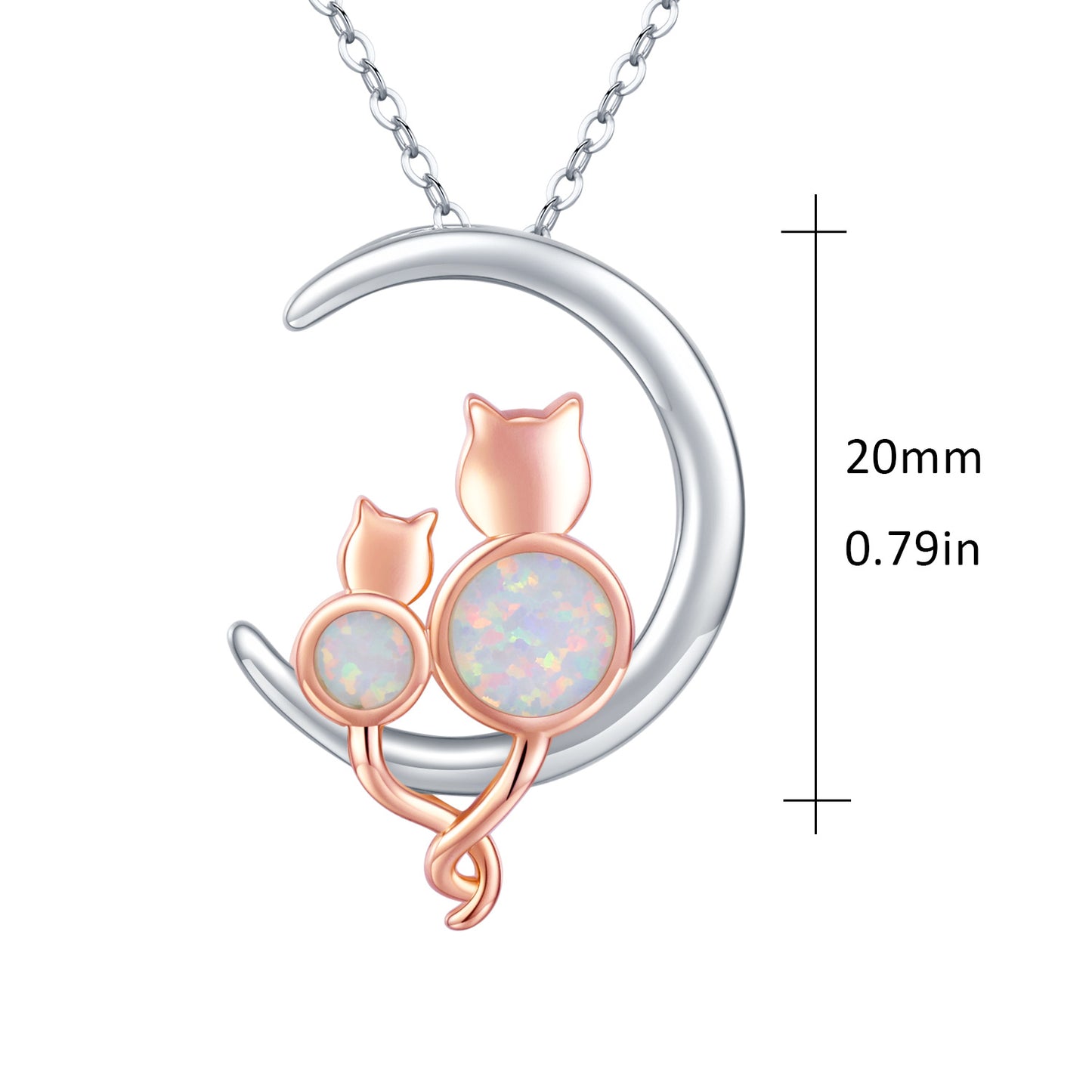 Sterling Silver Crescent Moon Opal Cat Pendant Necklace