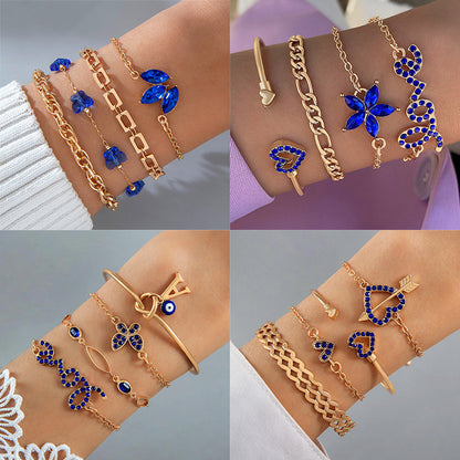 4pcs Blue Flower Love Butterfly Bracelet Set With Rhinestones