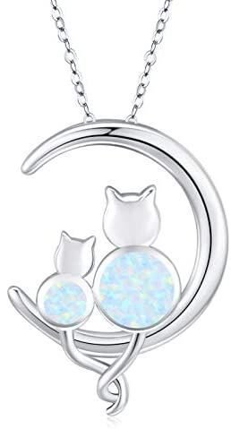 Sterling Silver Crescent Moon Opal Cat Pendant Necklace