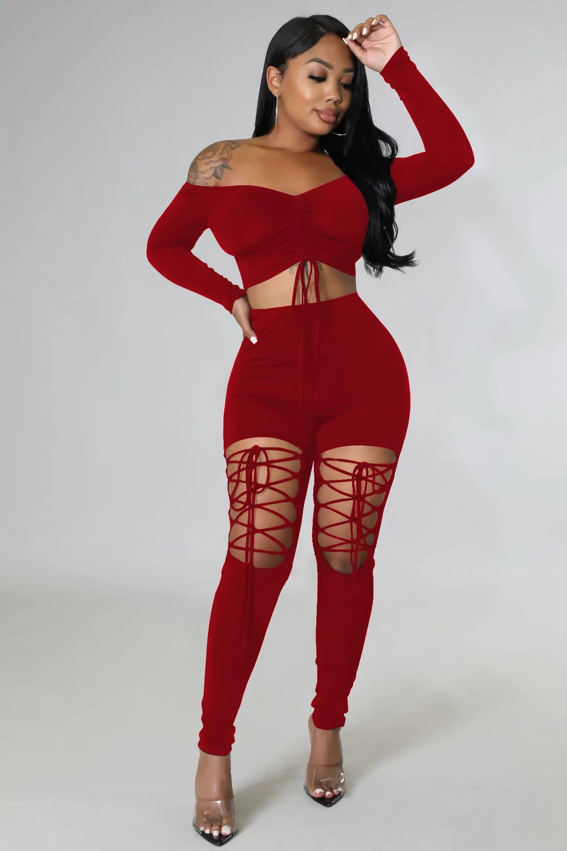 HOT Off the Shoulder 2 Piece Women Sexy Long Sleeve Lace Up Set