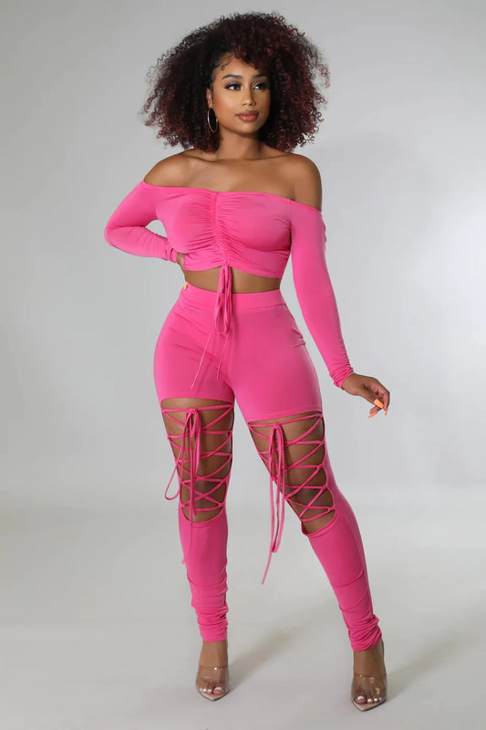 HOT Off the Shoulder 2 Piece Women Sexy Long Sleeve Lace Up Set