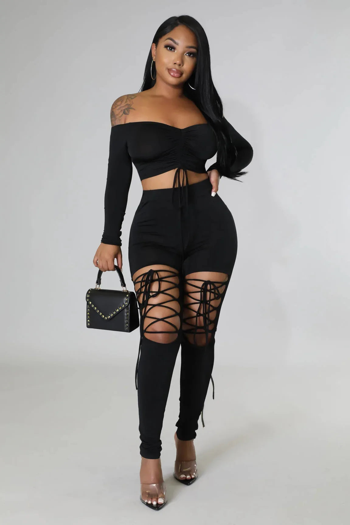 HOT Off the Shoulder 2 Piece Women Sexy Long Sleeve Lace Up Set