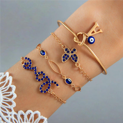 4pcs Blue Flower Love Butterfly Bracelet Set With Rhinestones