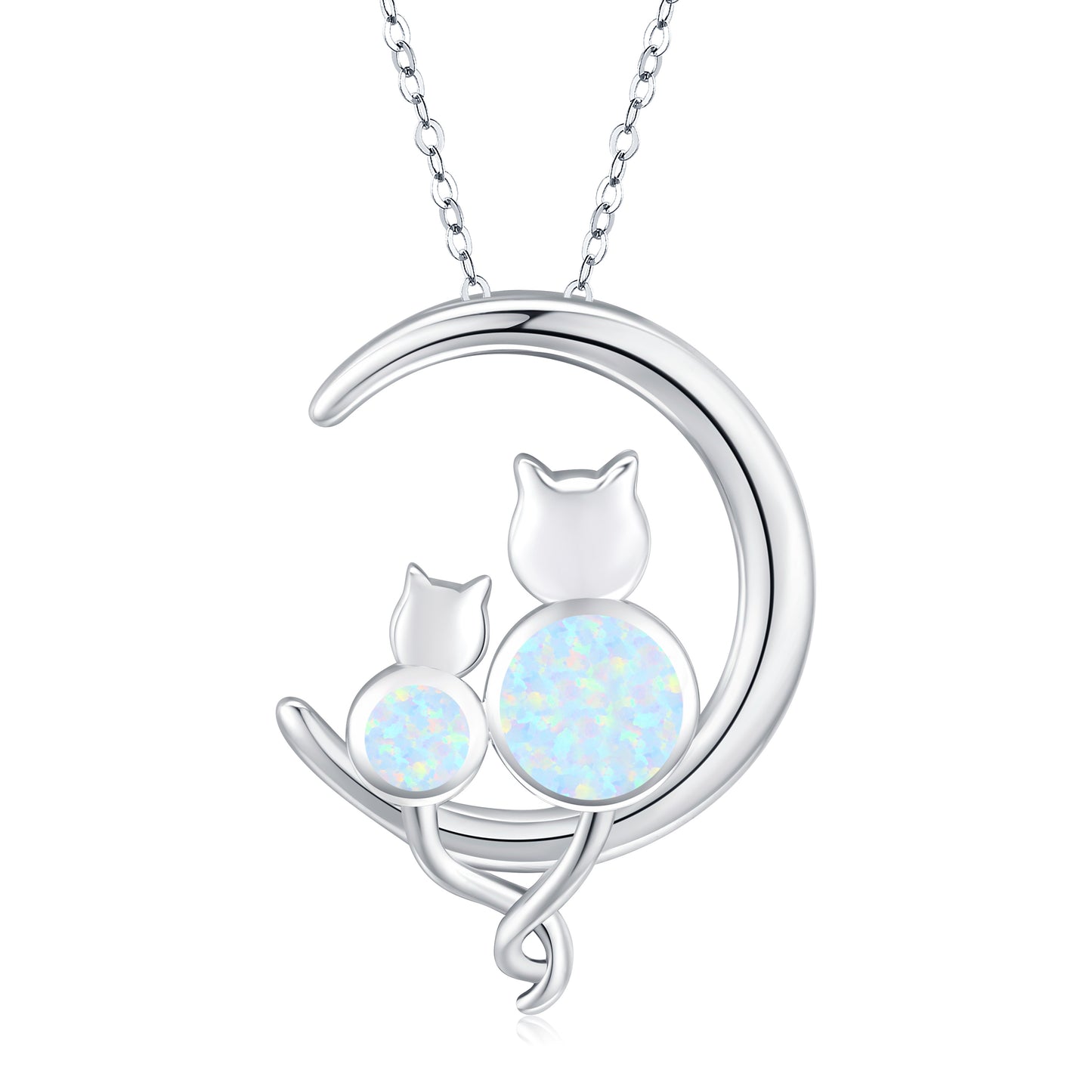 Sterling Silver Crescent Moon Opal Cat Pendant Necklace