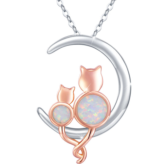 Sterling Silver Crescent Moon Opal Cat Pendant Necklace