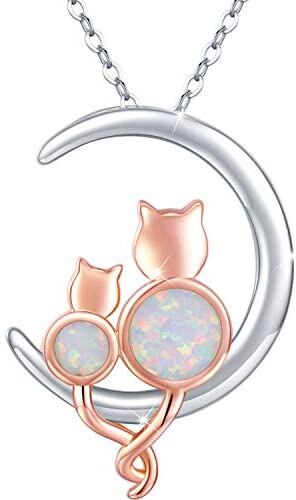 Sterling Silver Crescent Moon Opal Cat Pendant Necklace